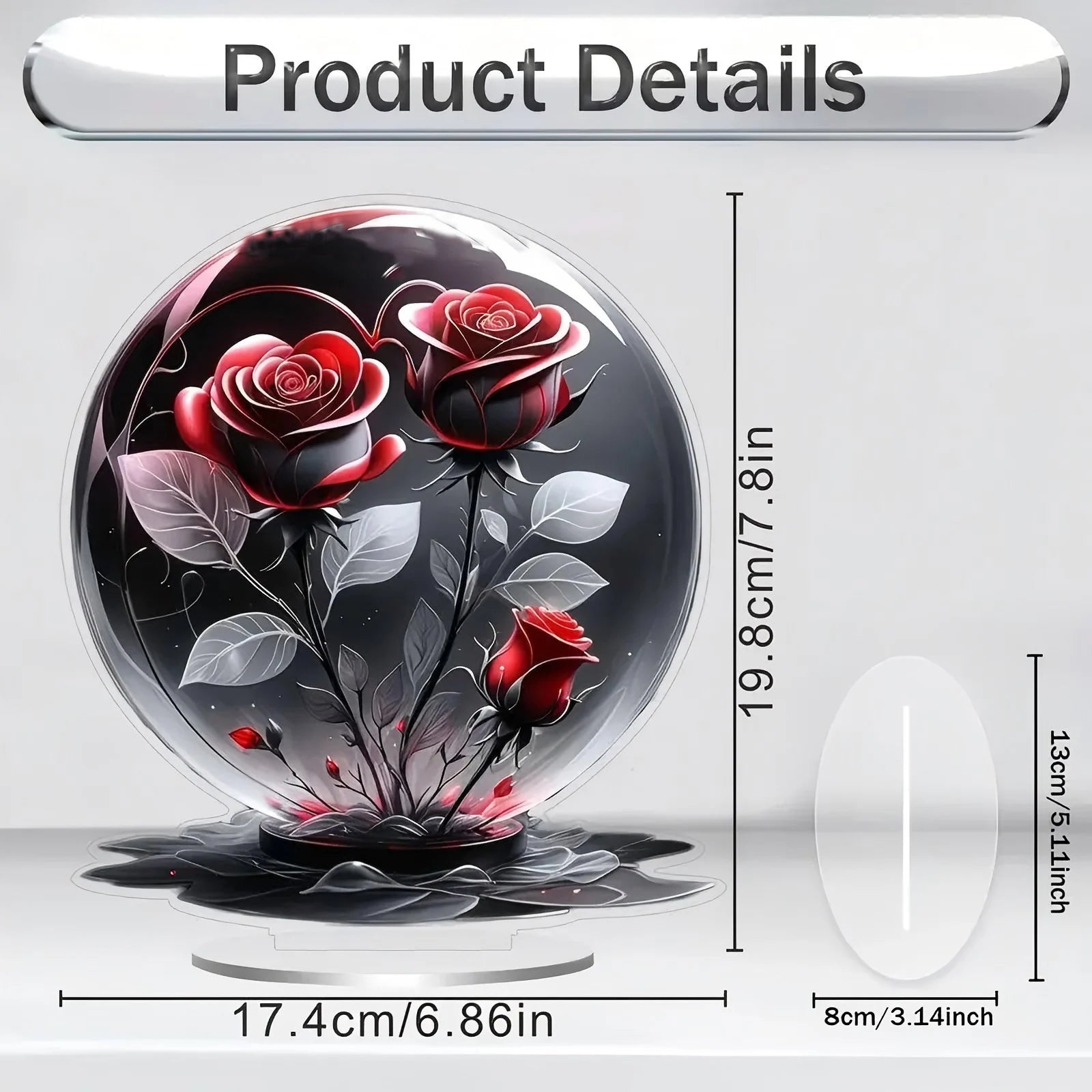 Decorative acrylic circular desk ornament featuring three vibrant red roses with grey leaves on a clear stand.