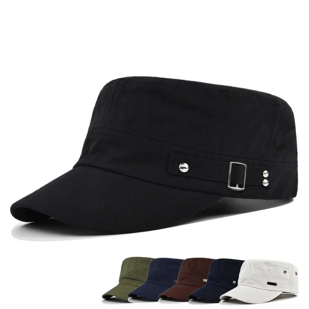 Classic black unisex military-style flat cap with a decorative silver-tone side buckle and stud detail.