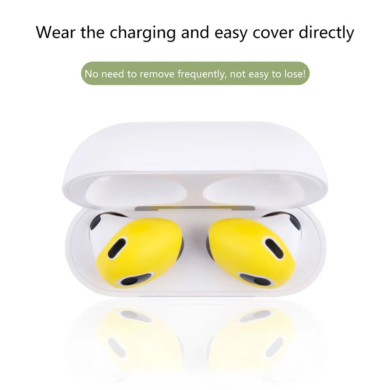 Yellow silicone protective covers for Apple AirPods Pro, shown inside an open white charging case.