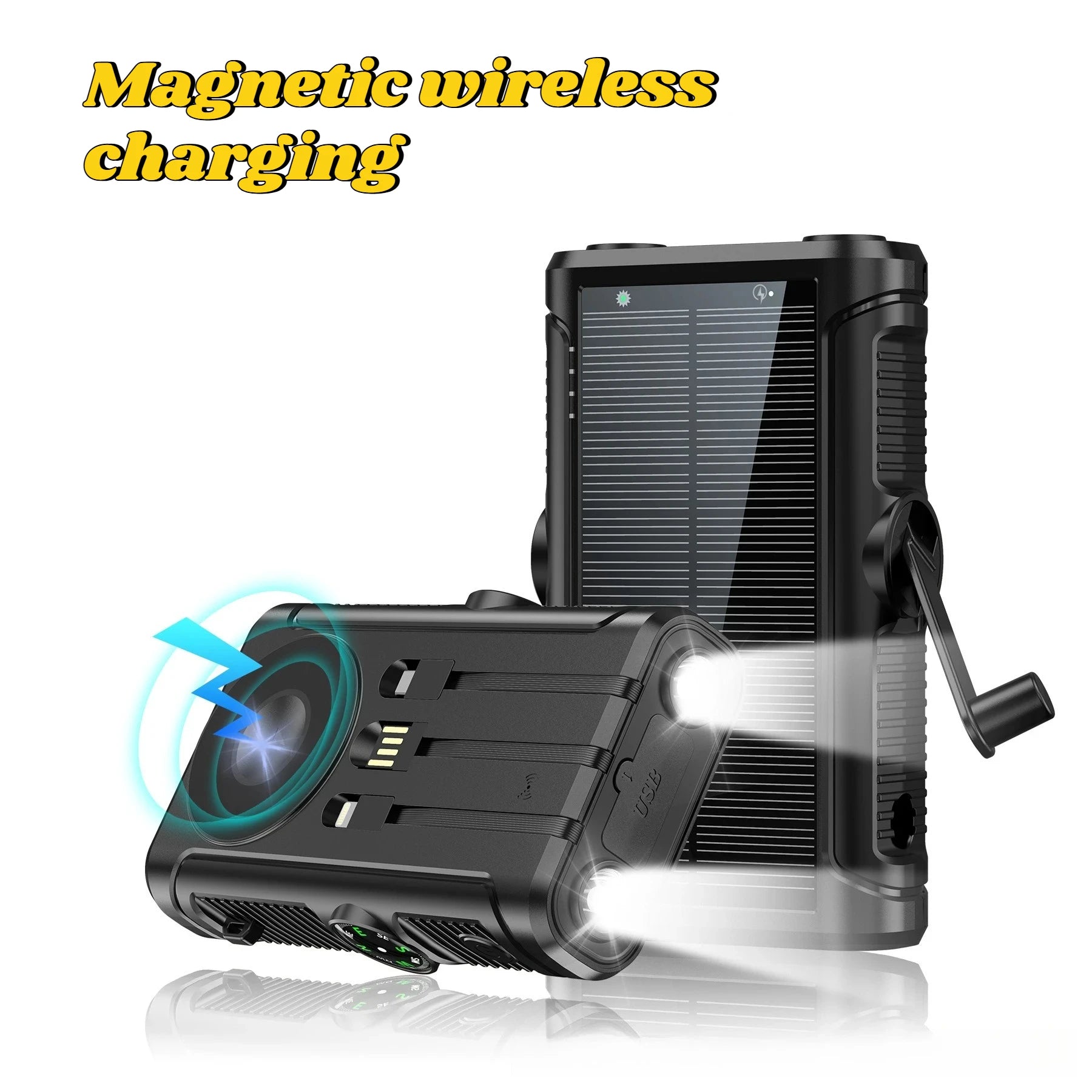 Black 20000mAh solar power bank featuring magnetic wireless charging, built-in cables, a hand crank, and LED torches.