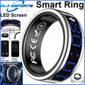 Sleek black smart ring with a blue LED touch display, health tracking features, and a slim, lightweight design.