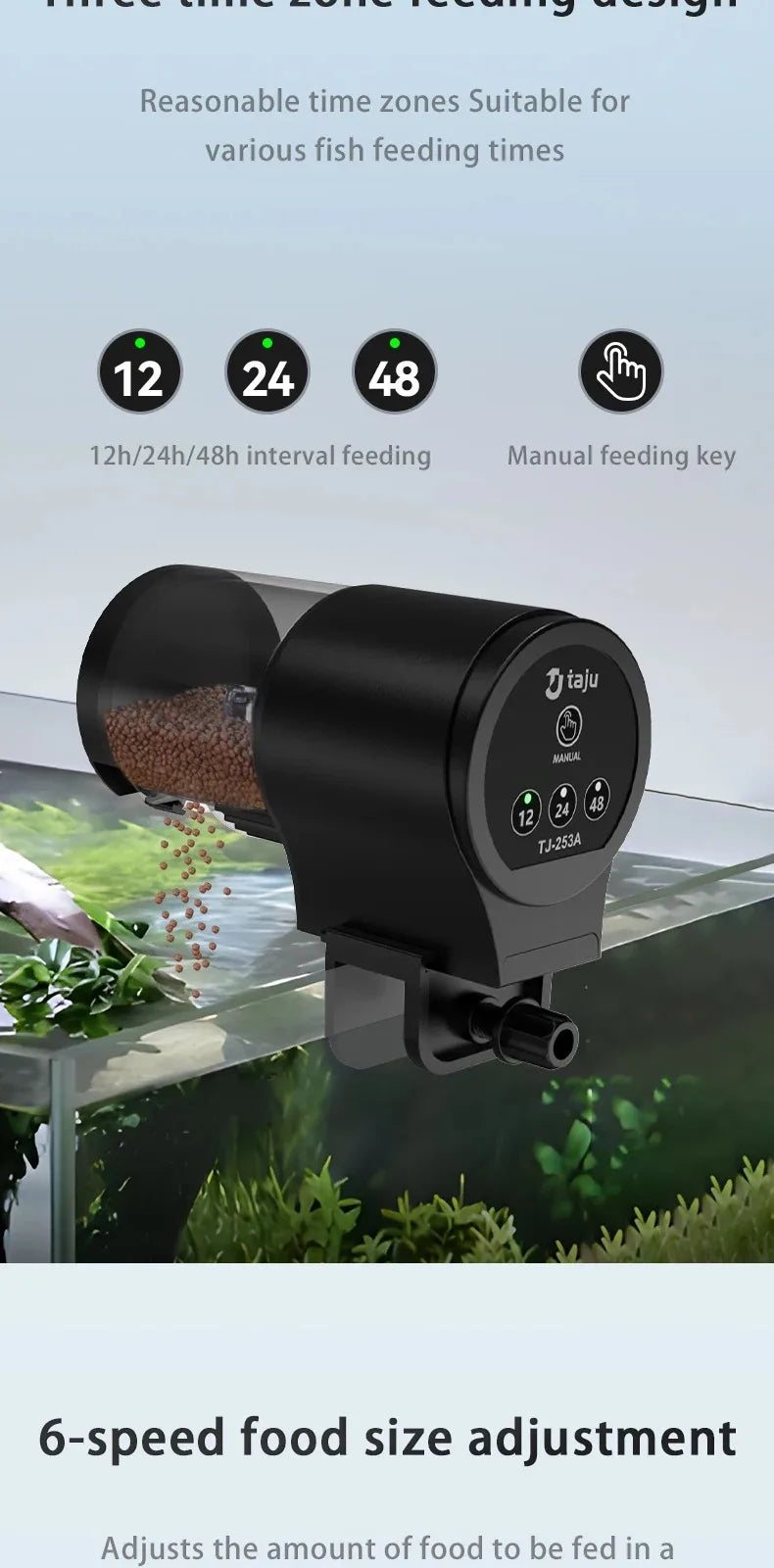 Black automatic aquarium fish feeder with a clear food drum and digital control panel for timed feeding intervals.