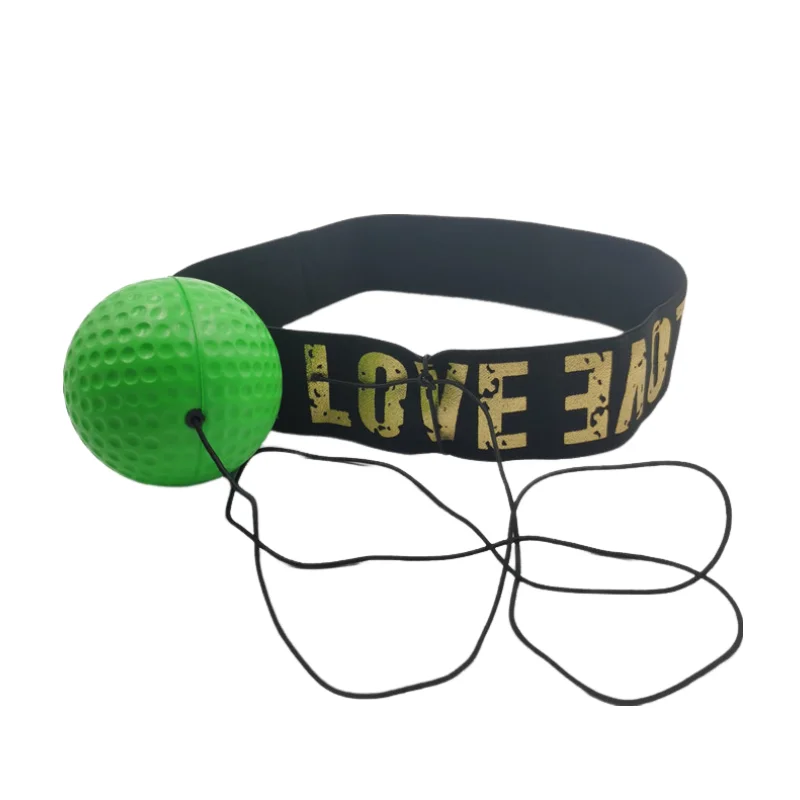 Reflex boxing ball trainer with a bright green textured ball attached by a black cord to a black headband.