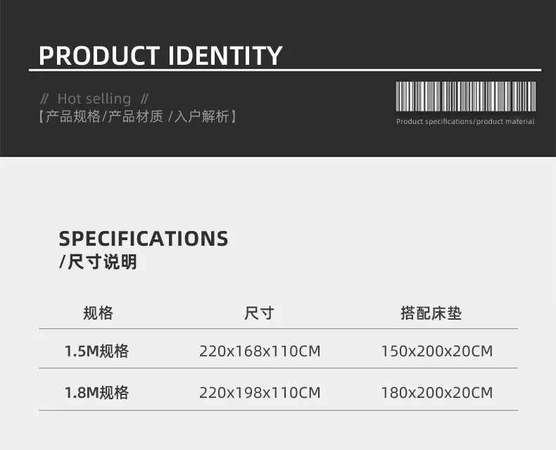 Modern Nordic style bed frame size specification chart listing dimensions for 1.5m and 1.8m models.