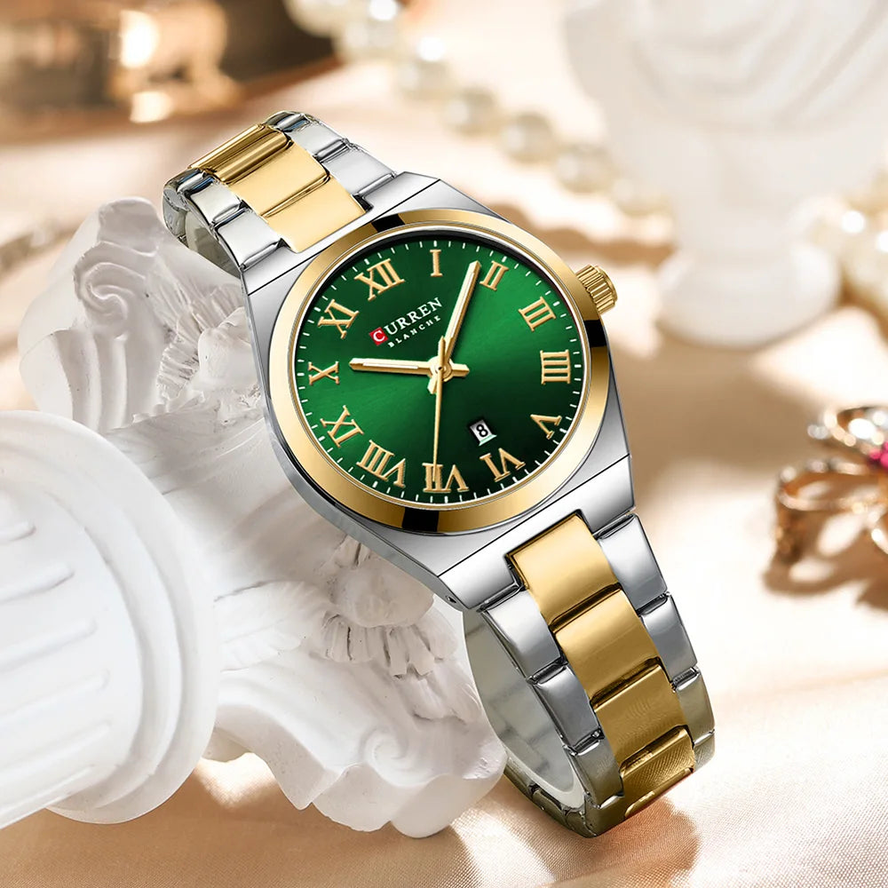 CURREN women's quartz wristwatch with a round green dial, gold Roman numerals, and a two-tone steel bracelet.