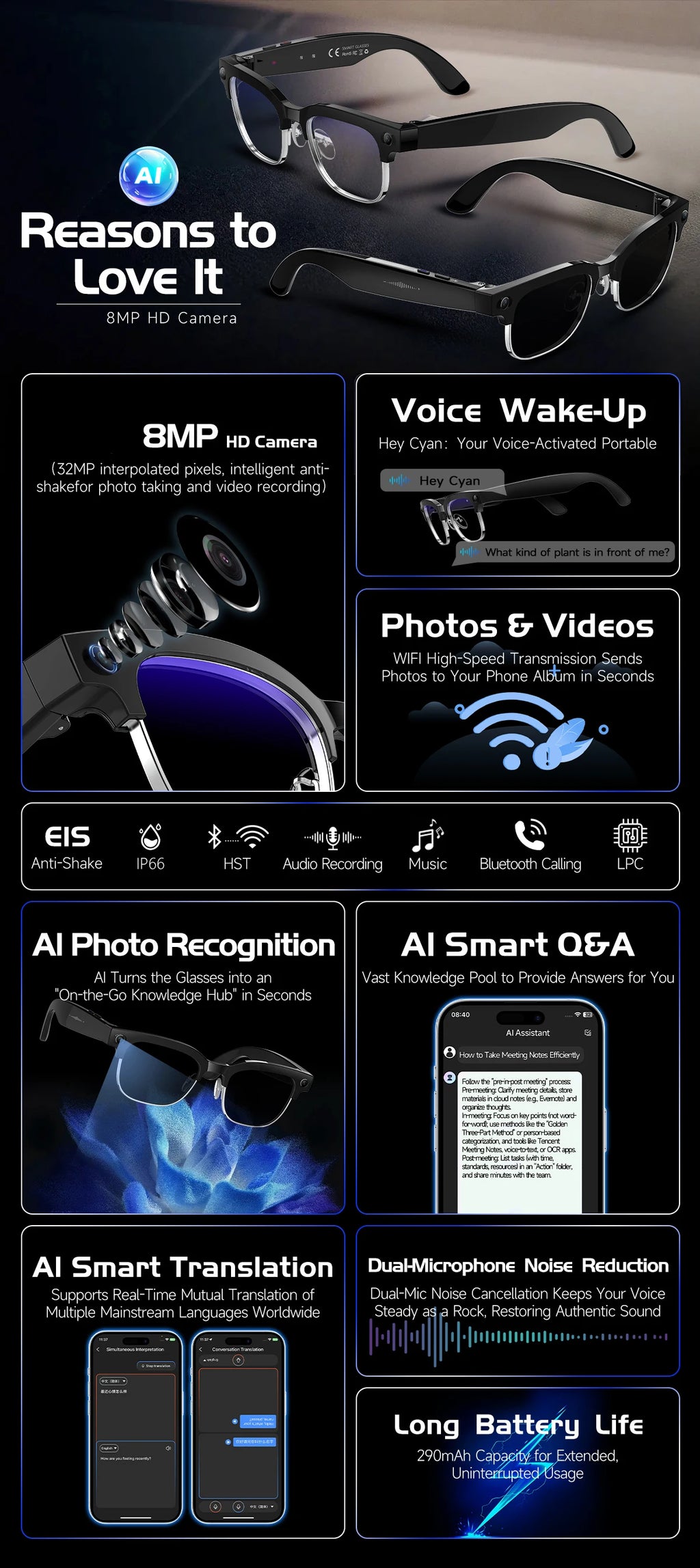 Stylish black smart glasses with a built-in camera, featuring AI translation, Bluetooth calling, and voice assistance.