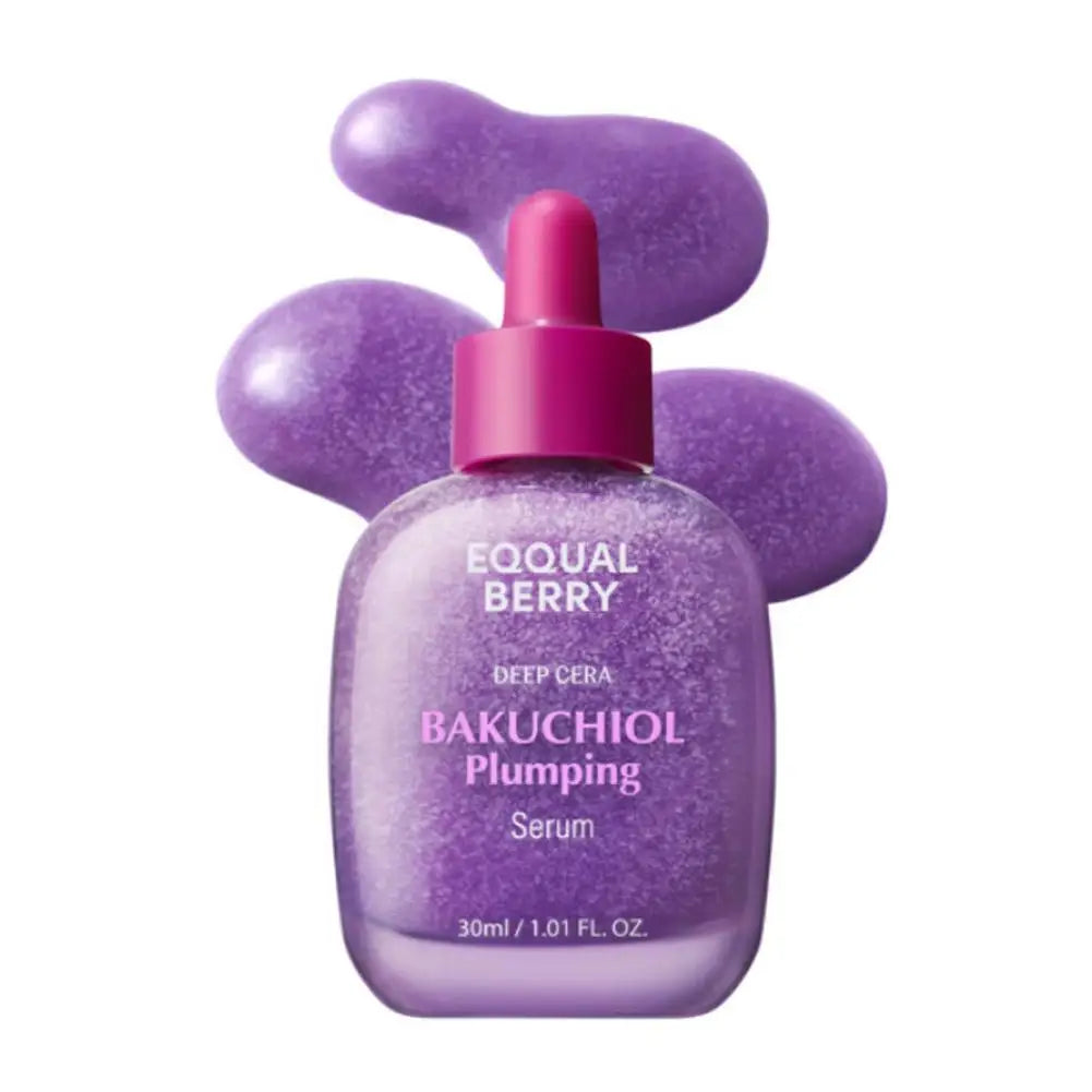 Purple 30ml plumping face serum bottle with a pink dropper cap, shown against artistic purple gel splashes.