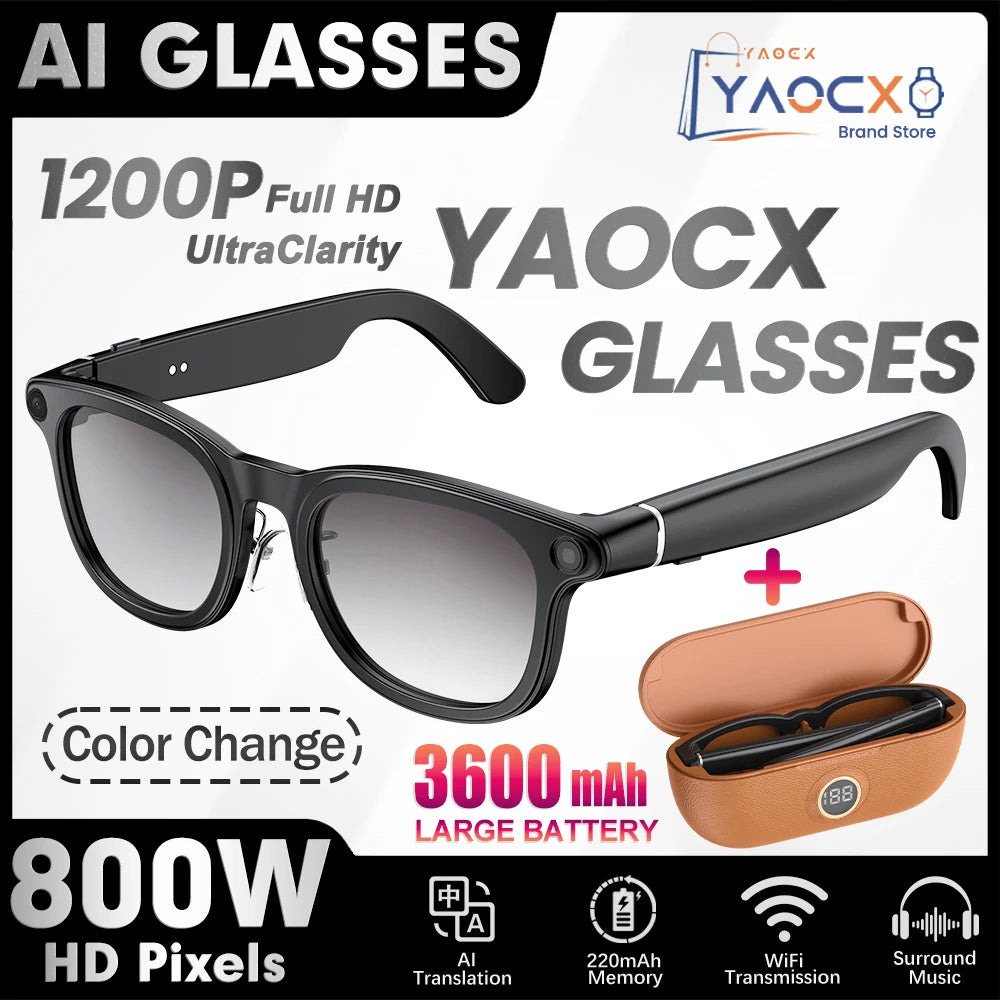 Black smart glasses with integrated HD camera, gradient lenses, and a tan protective charging case.