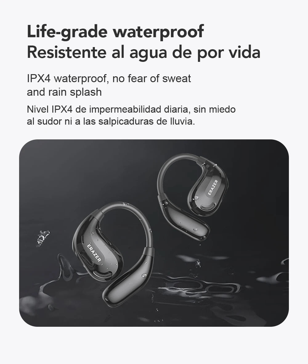 Glossy black ear-hook wireless headphones featured against a water-splashed surface, promoting IPX4 waterproof rating.