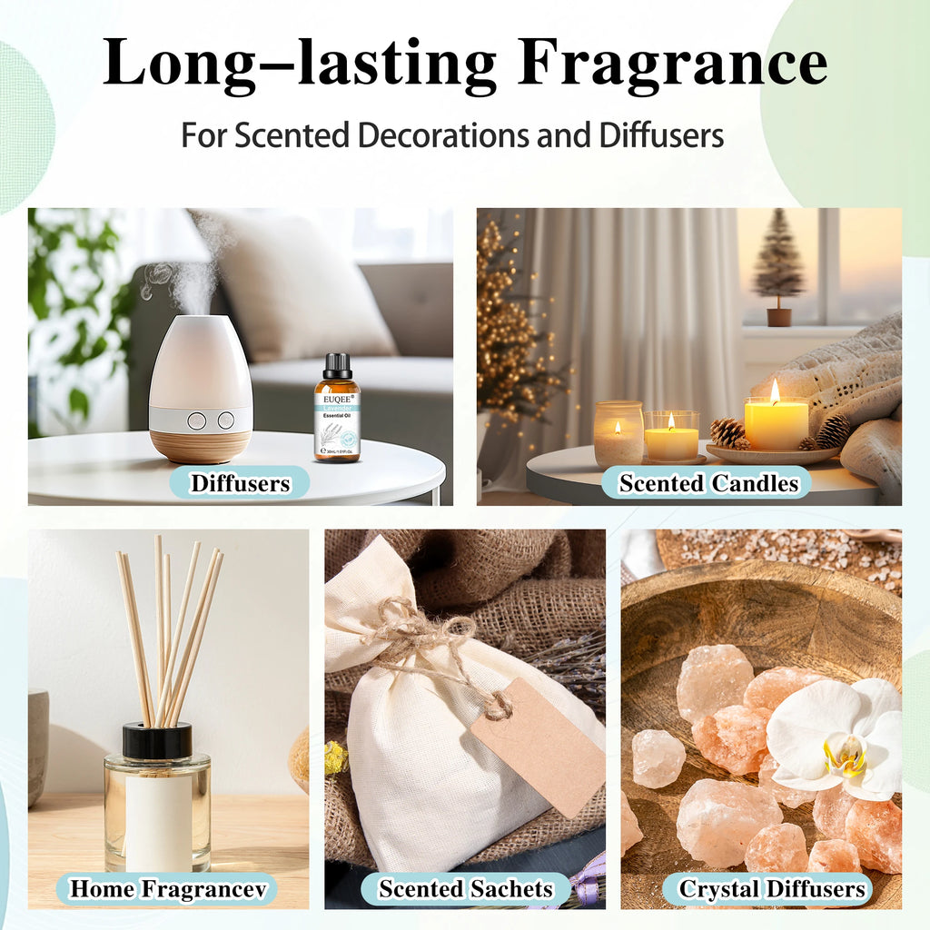 Collage showing home fragrance products: electric diffuser, scented candles, reed diffuser, sachets, and crystal stones.