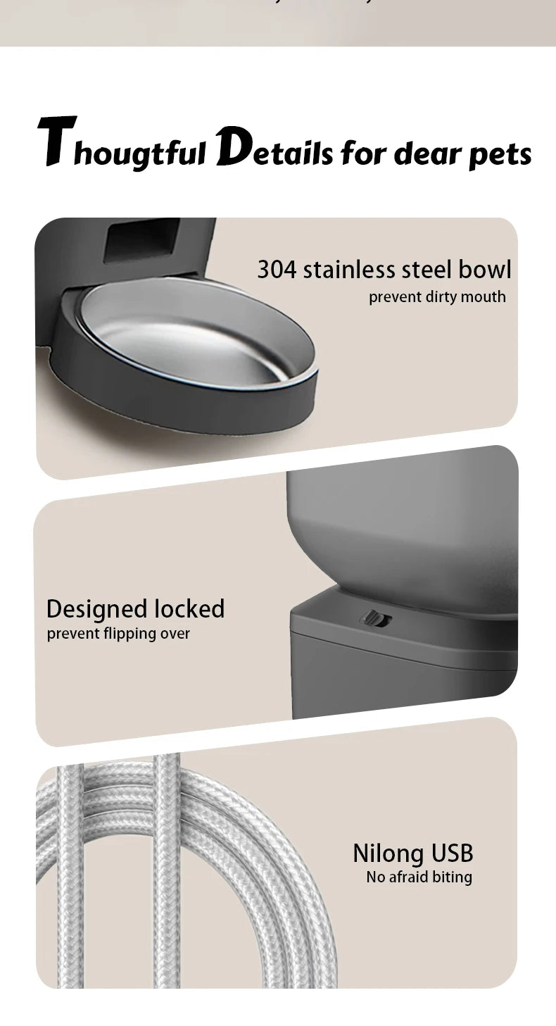 Gray pet feeder with stainless steel bowl, locking base to prevent tipping, and a braided nylon USB power cable.
