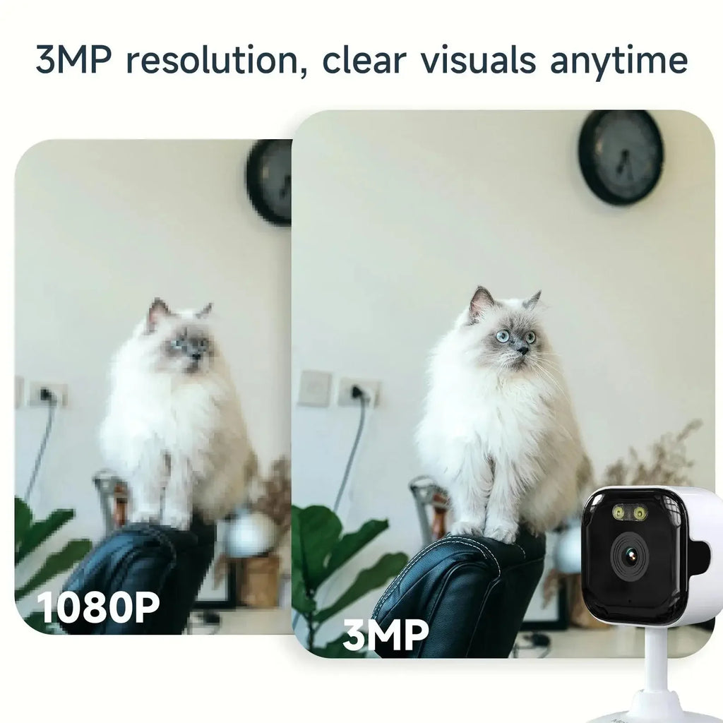 Comparison showing a sharp 3MP security camera view versus a 1080P image, with the white mini camera visible.