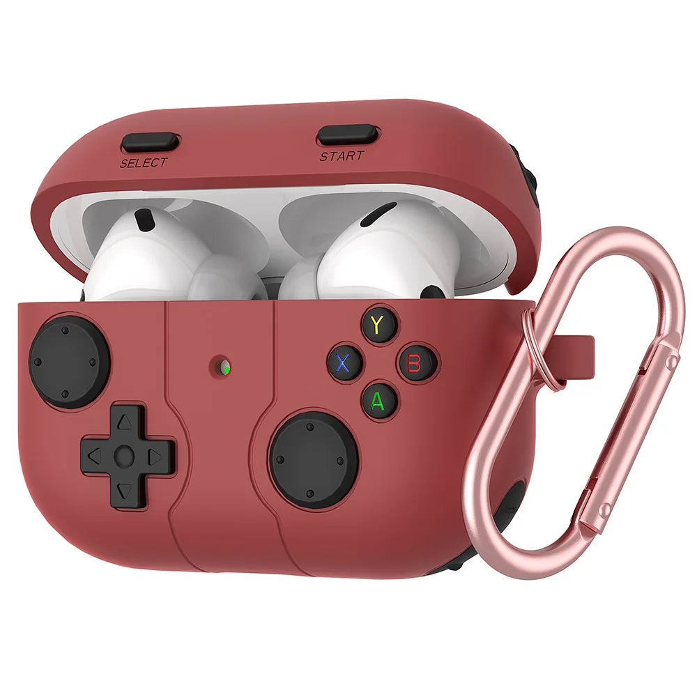 Red silicone retro gaming controller case for AirPods Pro, featuring a side carabiner clip.