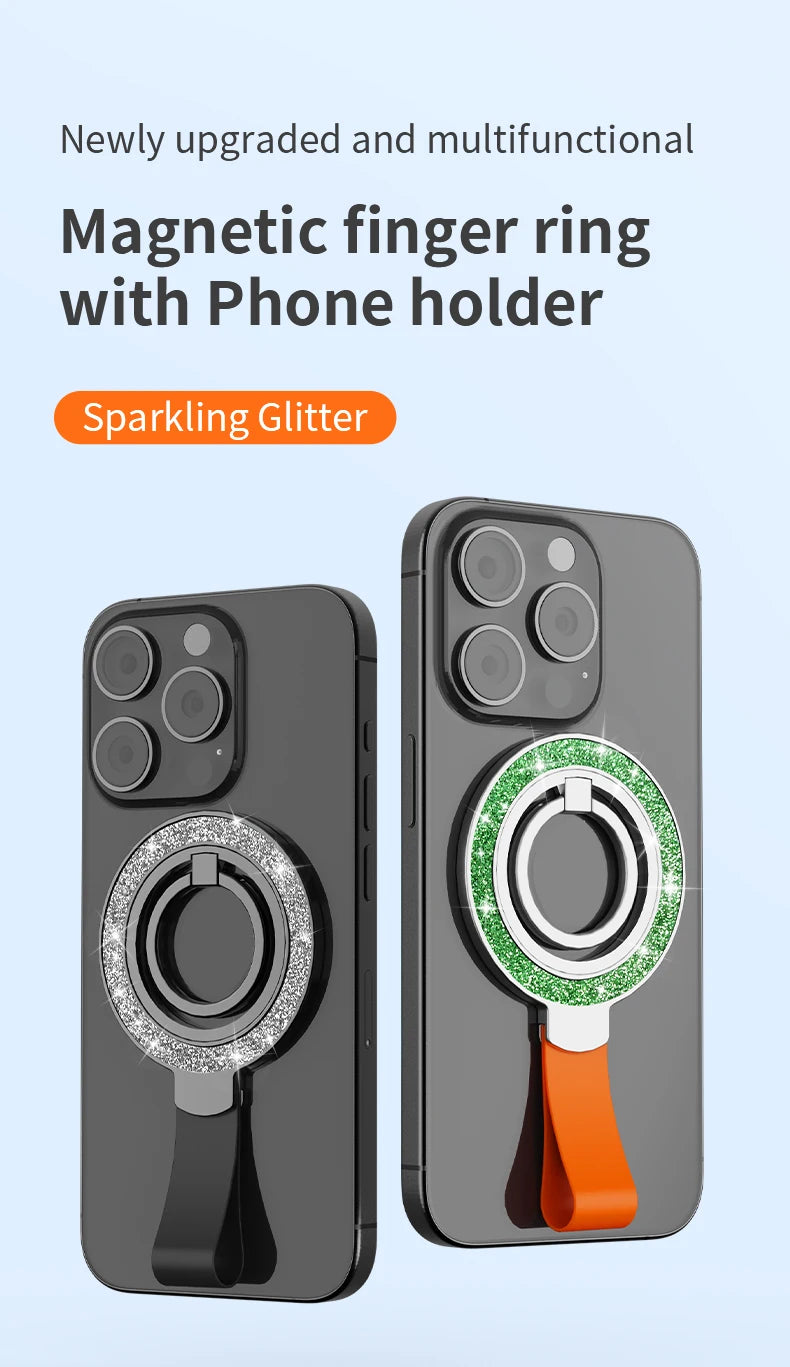 Two magnetic phone ring holders with sparkling silver and green glitter, featuring finger loops and stand functionality.