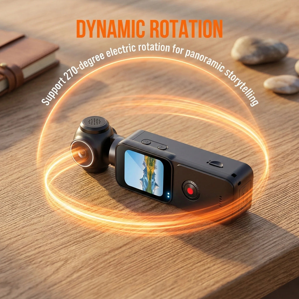 Compact black 4K camcorder with 270-degree rotating gimbal lens, colour screen, and electronic stabilisation.
