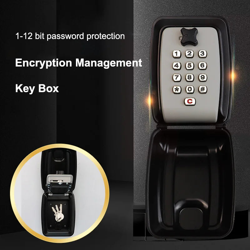 Black plastic wall-mounted key lock box with grey digital keypad and hinged cover for storing keys.