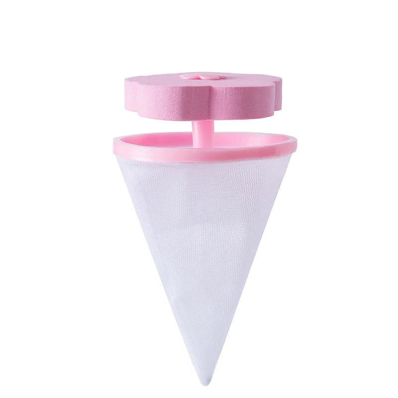 Pink, cone-shaped laundry lint mesh filter with a floating foam flower top.