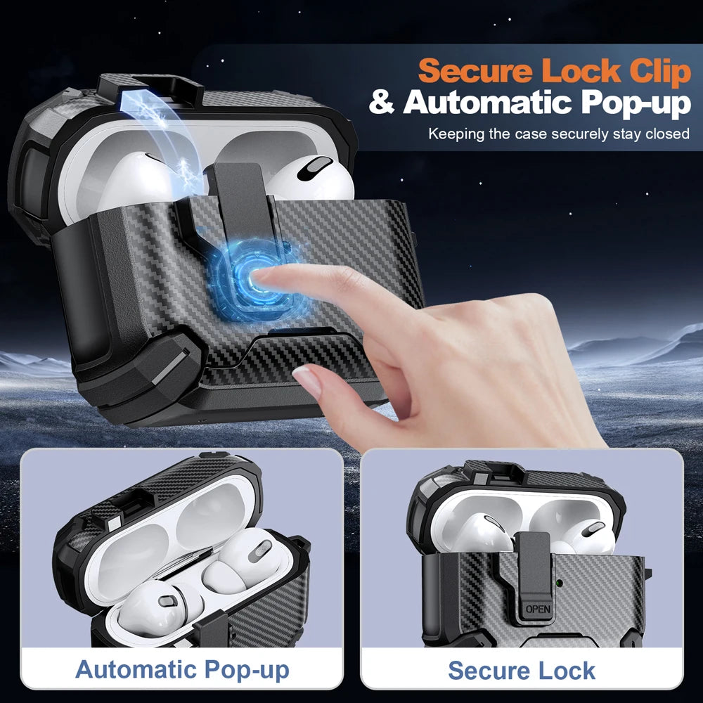 Rugged black carbon fibre-style protective case for AirPods Pro with secure locking clip and automatic pop-up lid.