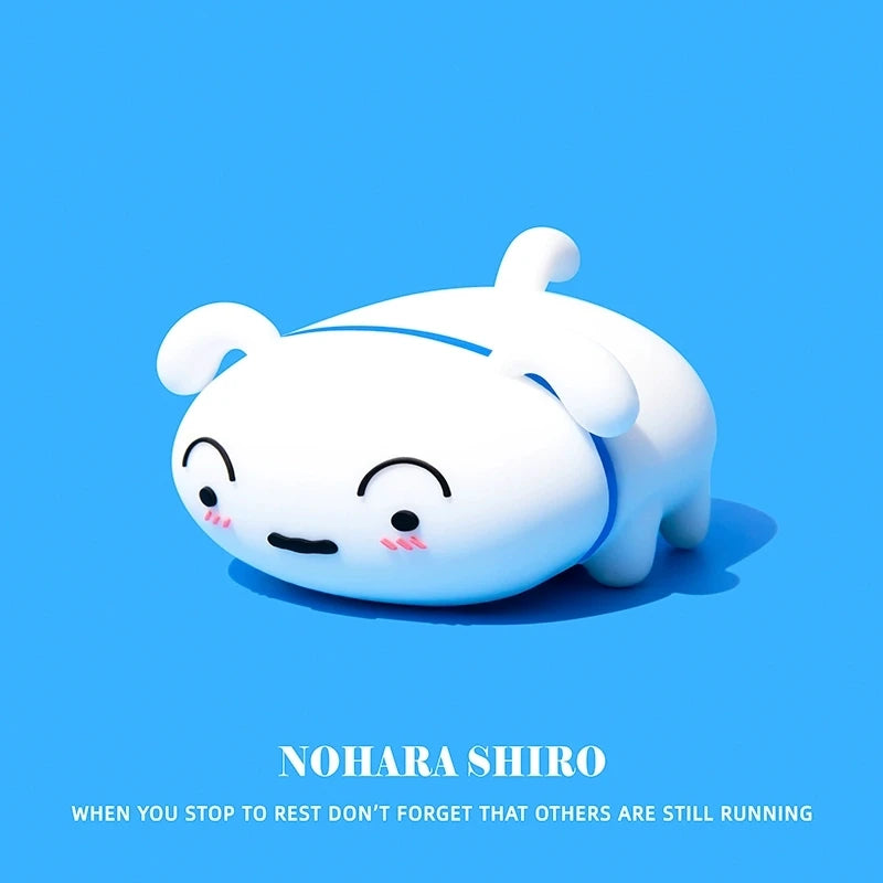White silicone character AirPods case shaped like Shiro from Crayon Shin-chan, on a blue background.