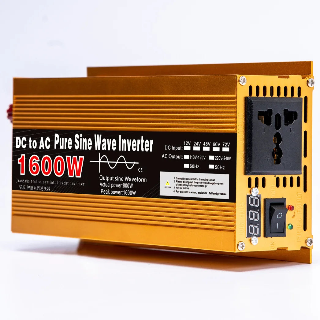 Gold 1600W pure sine wave power inverter with a digital display, power socket, and on/off switch.