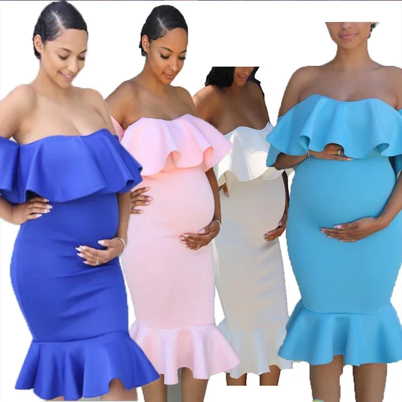 Women wearing off-shoulder, ruffle-detail maternity dresses in blue, pink, white, and light blue.