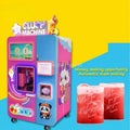 Pink and blue automatic slush vending machine with touchscreen, cartoon graphics, and two red slush drinks.