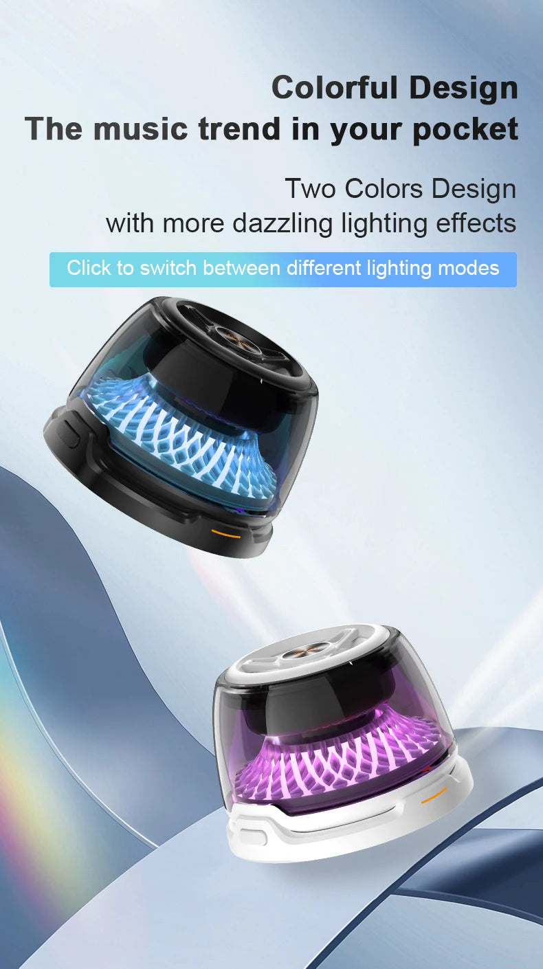 Two mini portable magnetic Bluetooth speakers in black and white with glowing, colour-changing LED light effects.