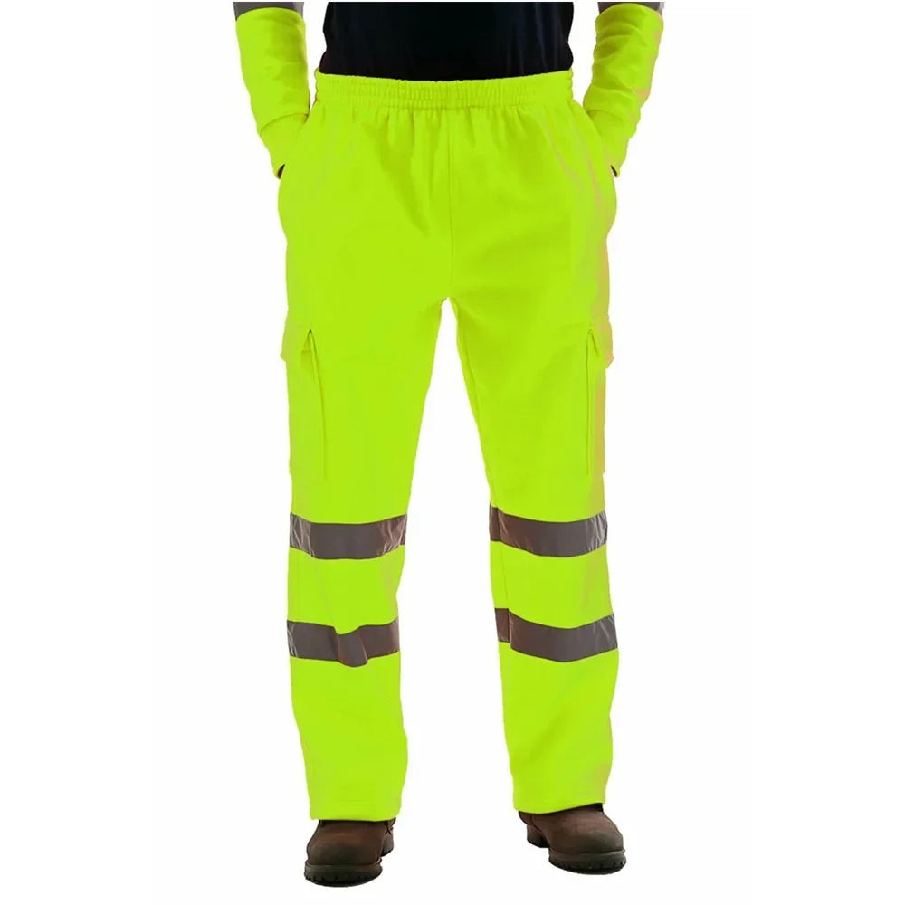 High-vis yellow workwear joggers with elasticated waist, side pockets, and two horizontal reflective leg strips.