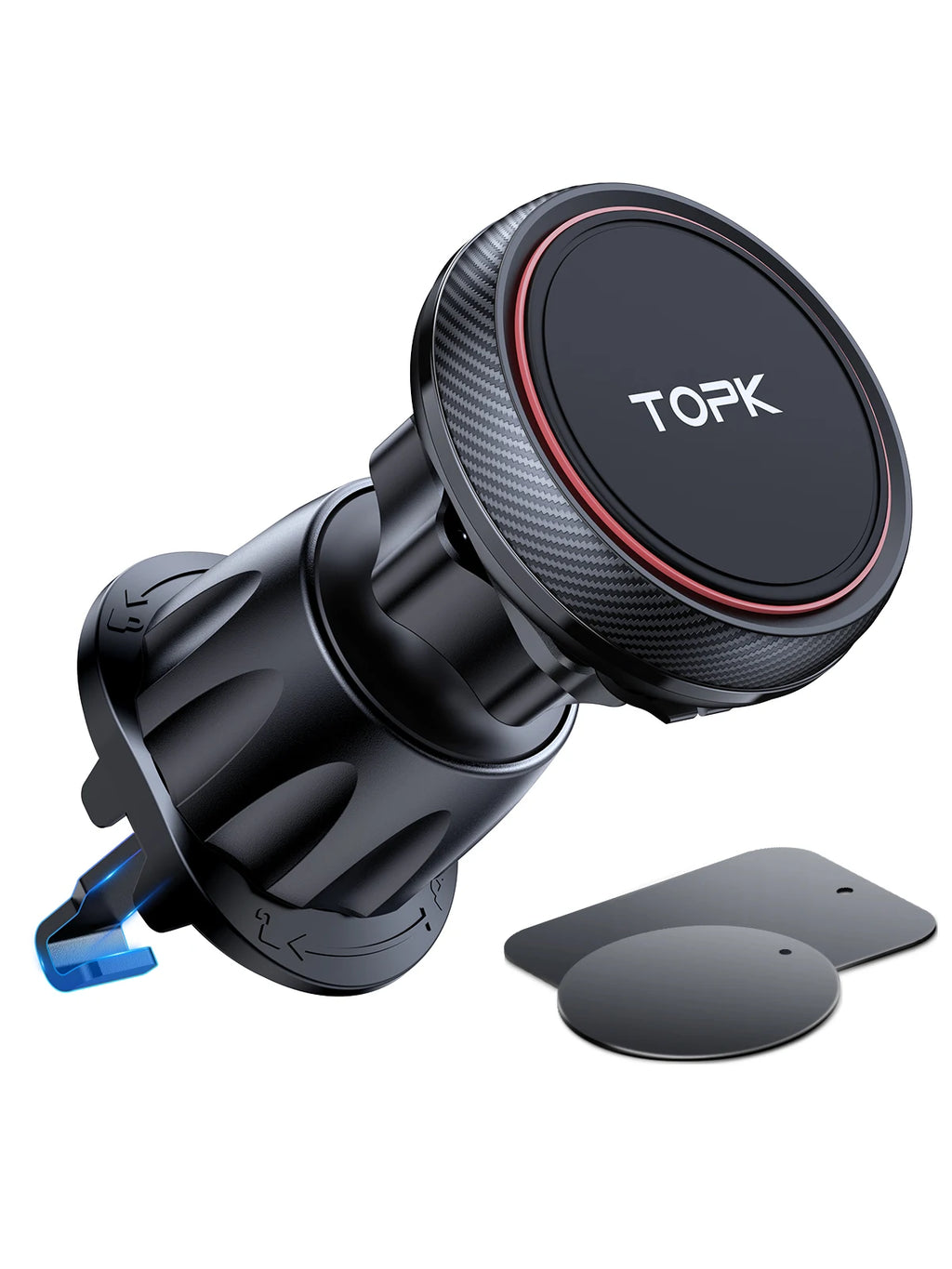 Black magnetic car air vent phone mount with carbon fiber texture, red ring detail, and included metal plates.
