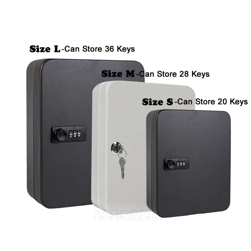 Three wall-mounted metal key storage boxes in black and white with combination locks or a key lock.