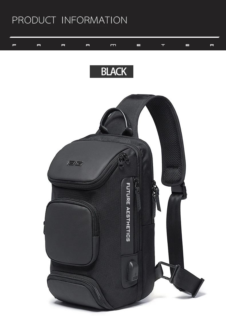 Black anti-theft crossbody bag with a single padded strap, multiple zipped compartments, and an integrated USB port.