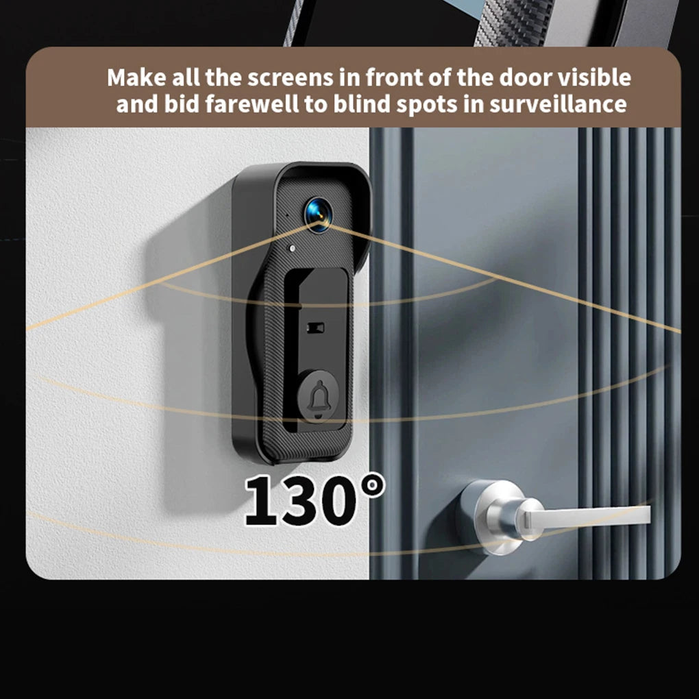 Black wireless video doorbell mounted on a wall with a 130-degree wide-angle lens and doorbell button.