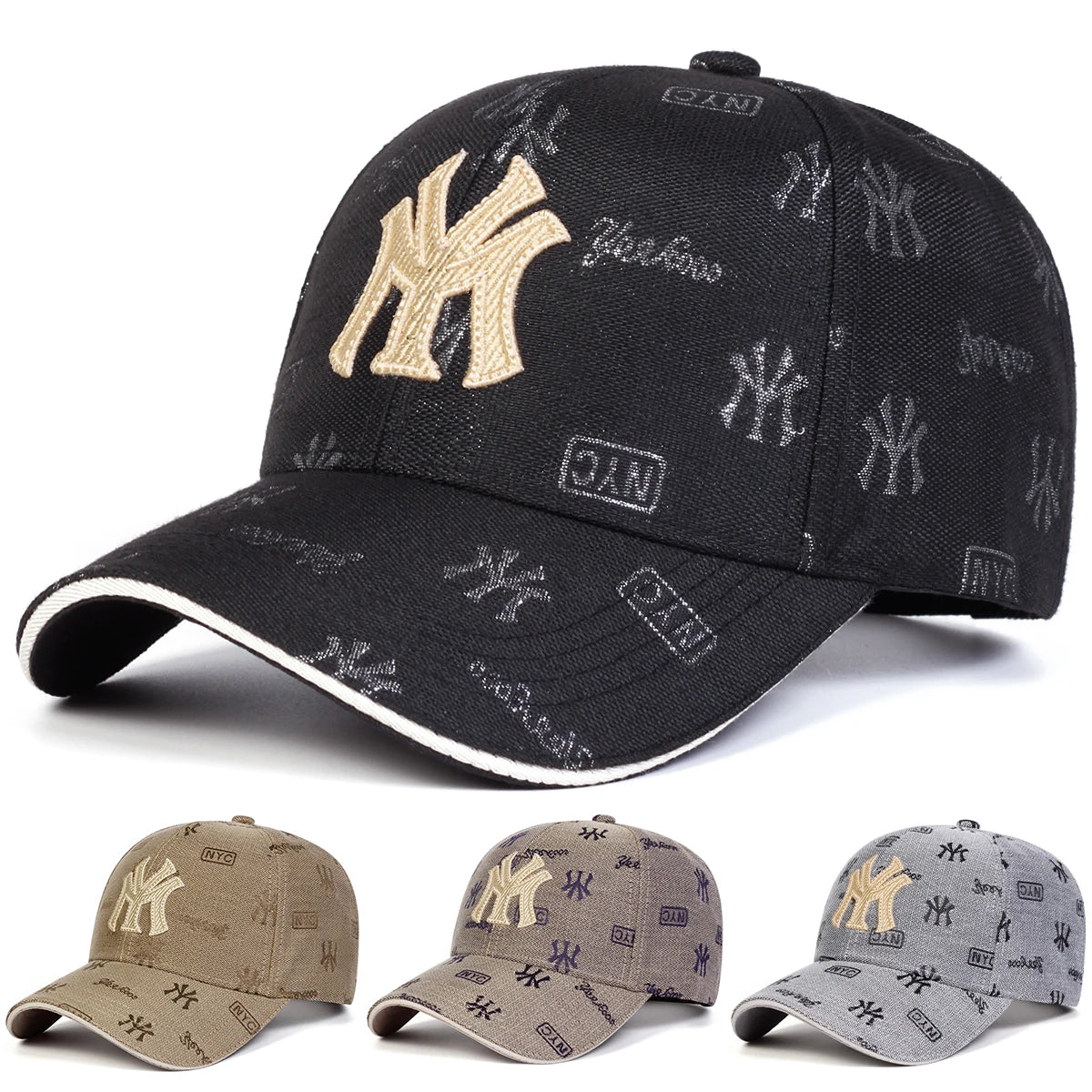 Black baseball cap with an embroidered 'MY' logo, featuring an all-over patterned print and a white-trimmed peak.