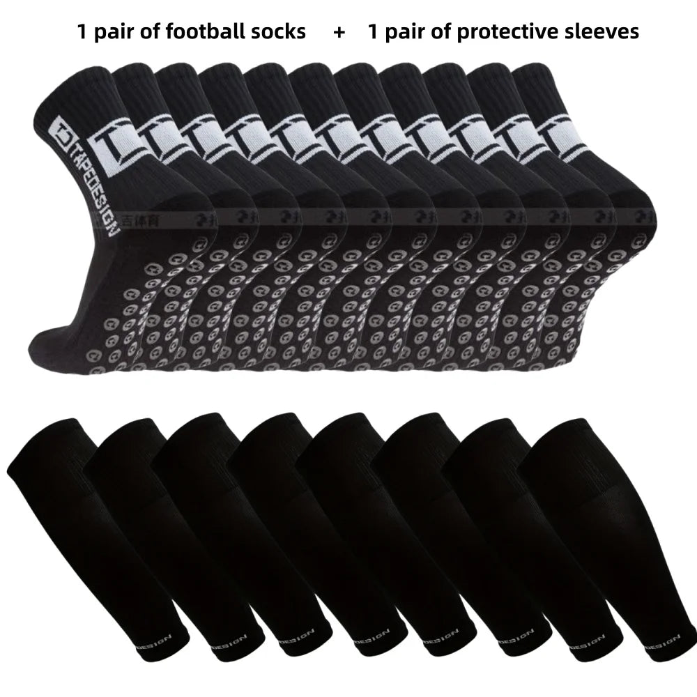Black football grip socks with white accents and matching black protective leg sleeves for sports.