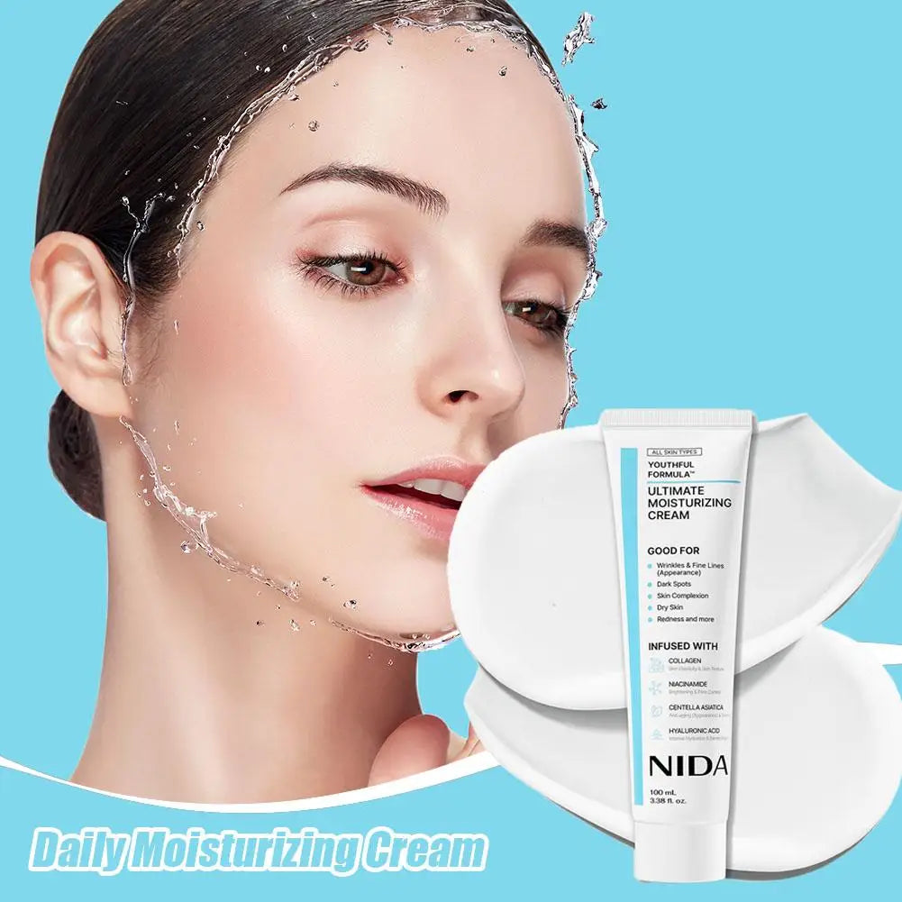 White tube of anti-aging moisturizing cream with collagen, niacinamide, and hyaluronic acid on a blue background.