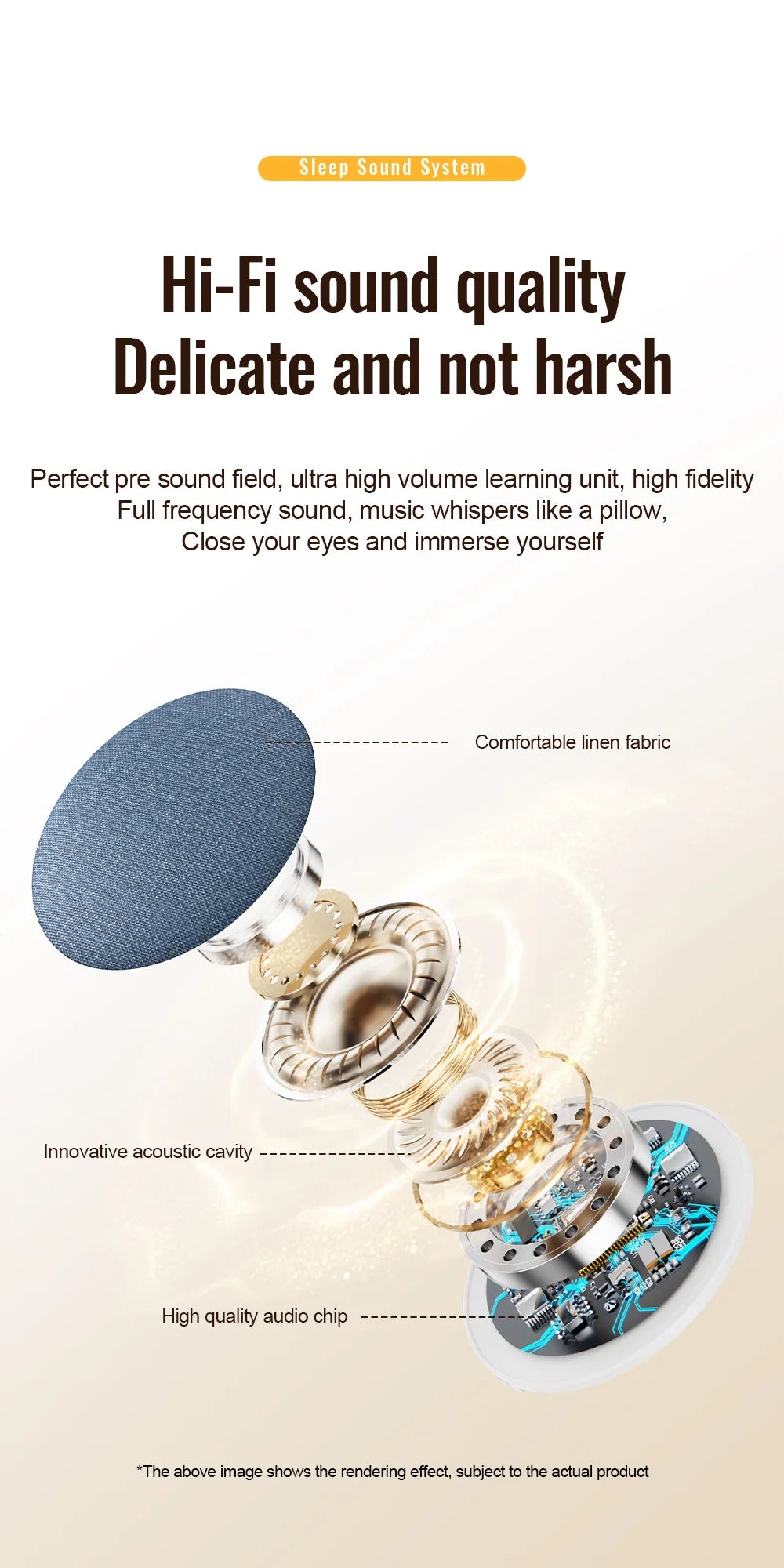 An exploded view of a round, blue linen-covered wireless pillow speaker, highlighting its internal audio components.