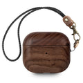 Dark wood effect AirPods case with a black braided wrist strap and metal clasp. Compatible with AirPods Pro.