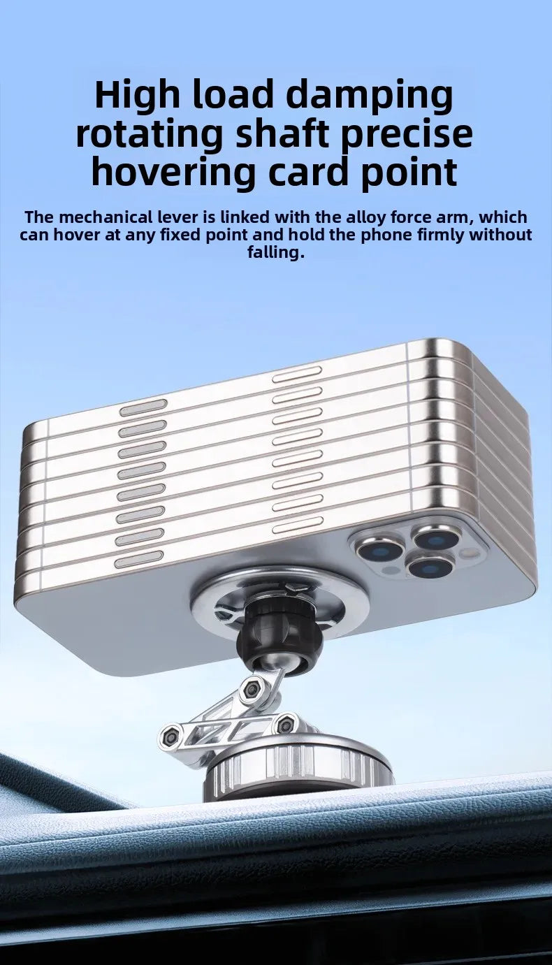 Silver, adjustable metallic car phone mount with a multi-jointed arm, suction base, and magnetic connection.