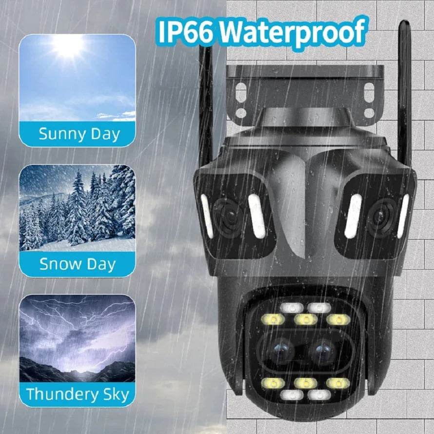 Black, multi-lens outdoor security camera with bright LEDs, showing weather-resistant, IP66-rated design.