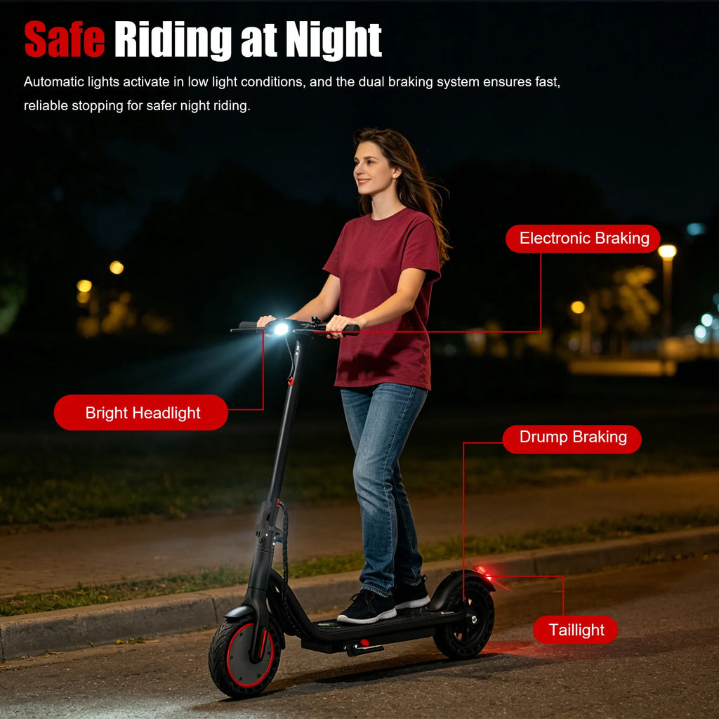 Woman riding a black ATSANT S50 Ultra electric scooter at night, highlighting bright headlight and taillight features.