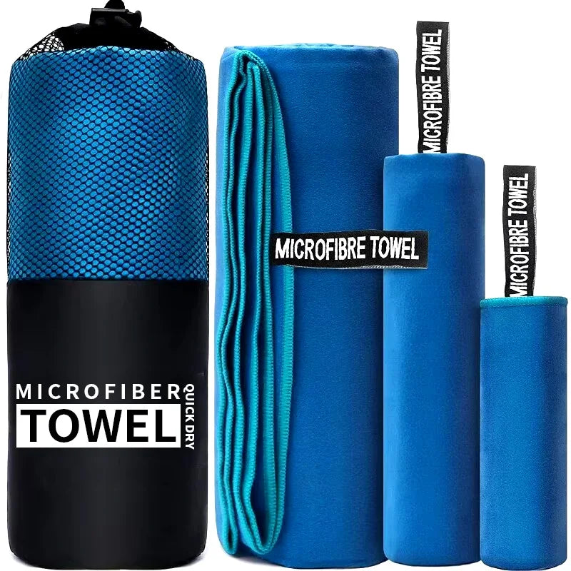 Three blue microfibre towels of varying sizes with matching carry bag, each labelled "Microfibre Towel".