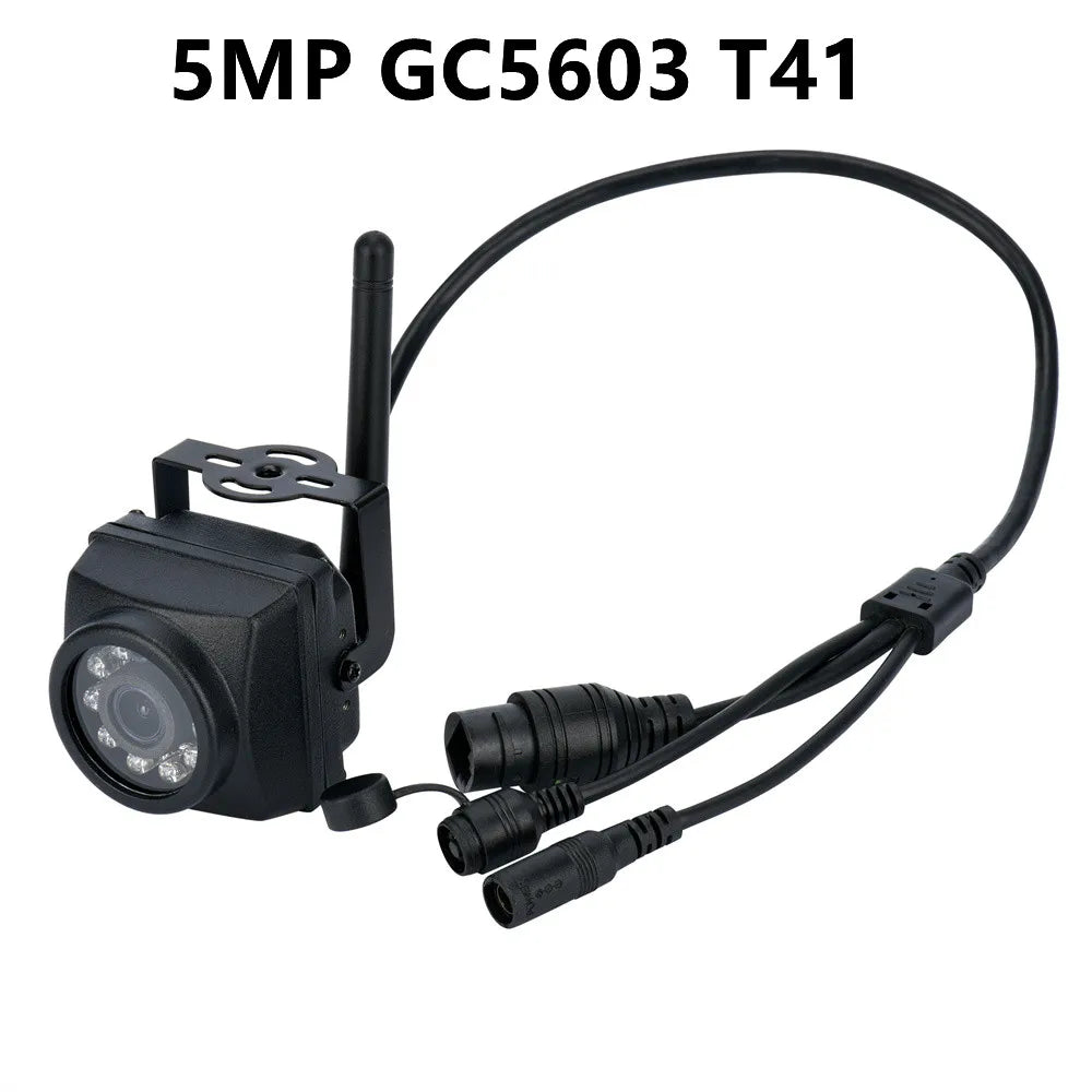 Black 5MP GC5603 security camera with metal mounting bracket, antenna, and multi-connector wired power/data cable.