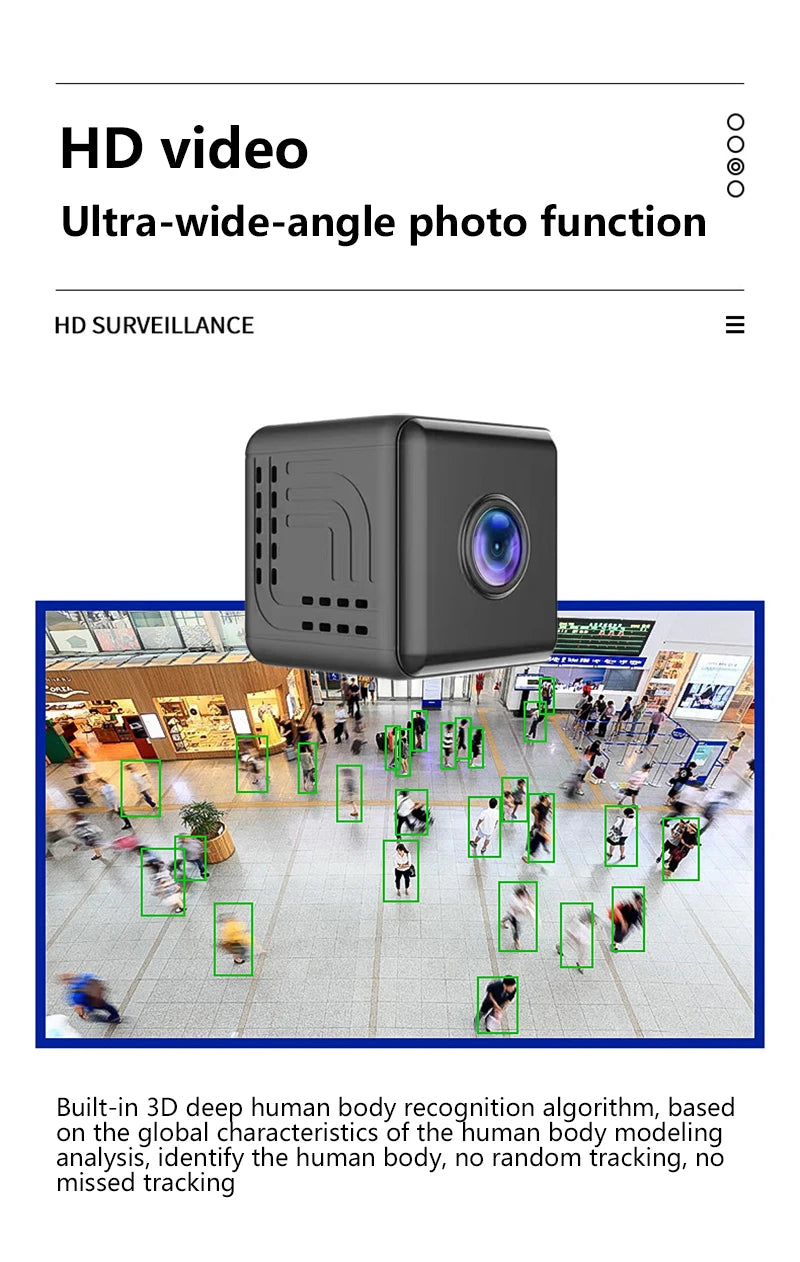 A compact, black square security camera showing a bird's-eye view of a mall with human motion detection boxes.