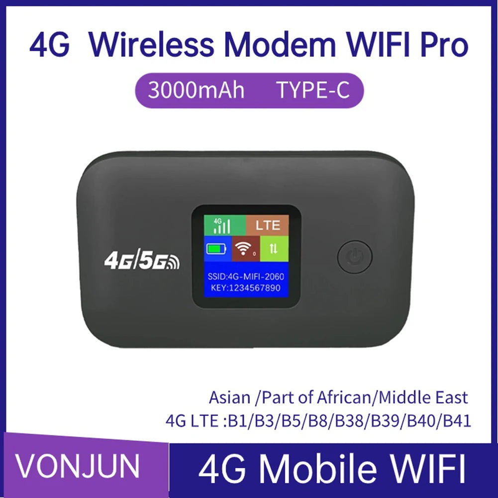 Black portable 4G LTE Wi-Fi hotspot with a clear digital status screen, sleek design and USB-C charging.