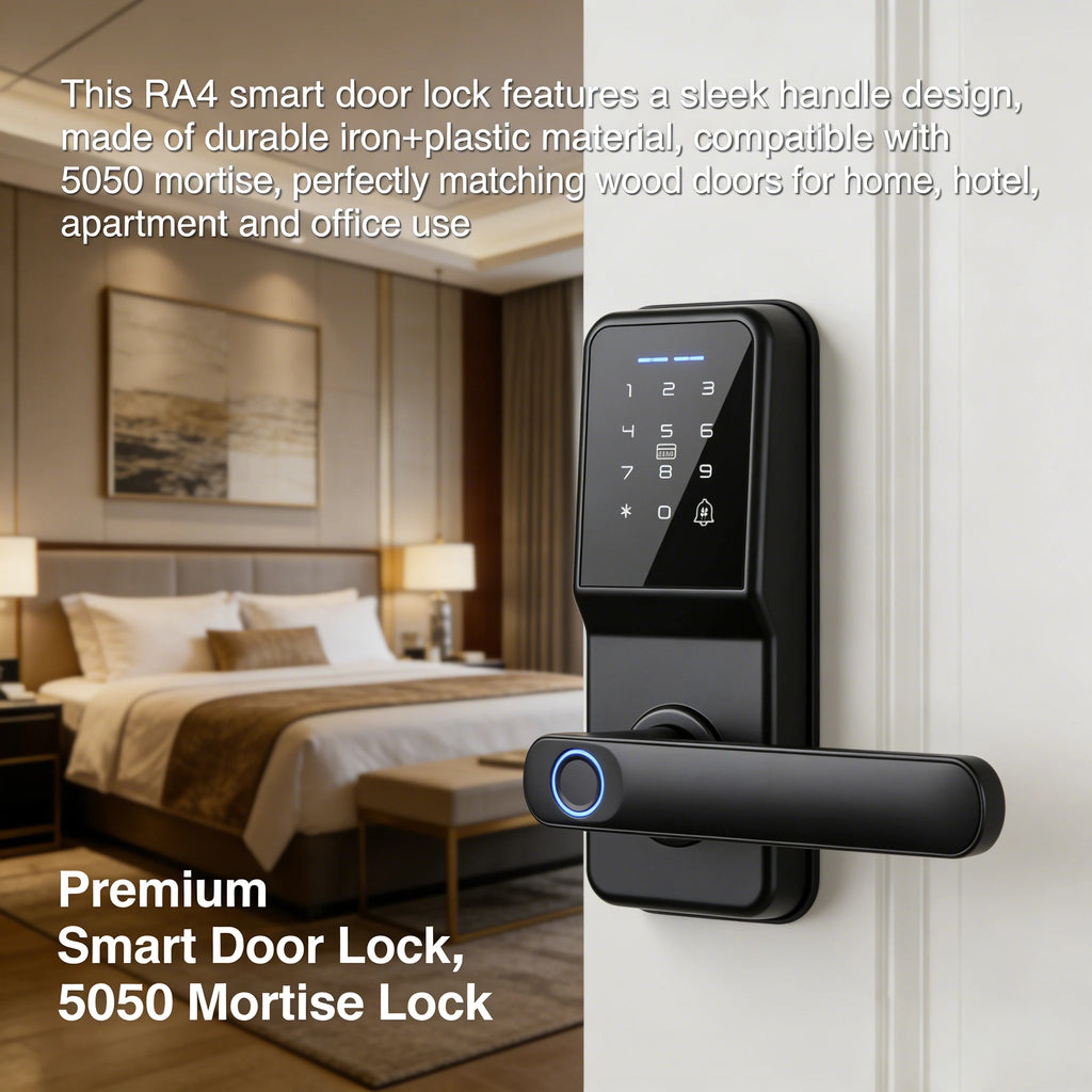 Black smart door lock made of iron and plastic, featuring a digital keypad, fingerprint scanner, and handle.