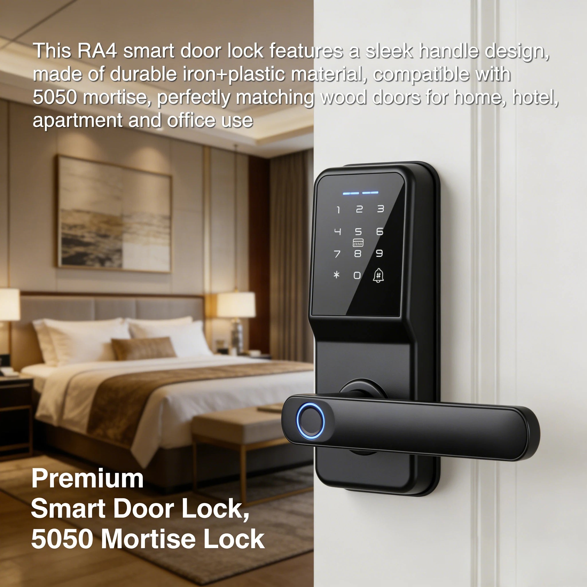 Black smart door lock made of iron and plastic, featuring a digital keypad, fingerprint scanner, and handle.
