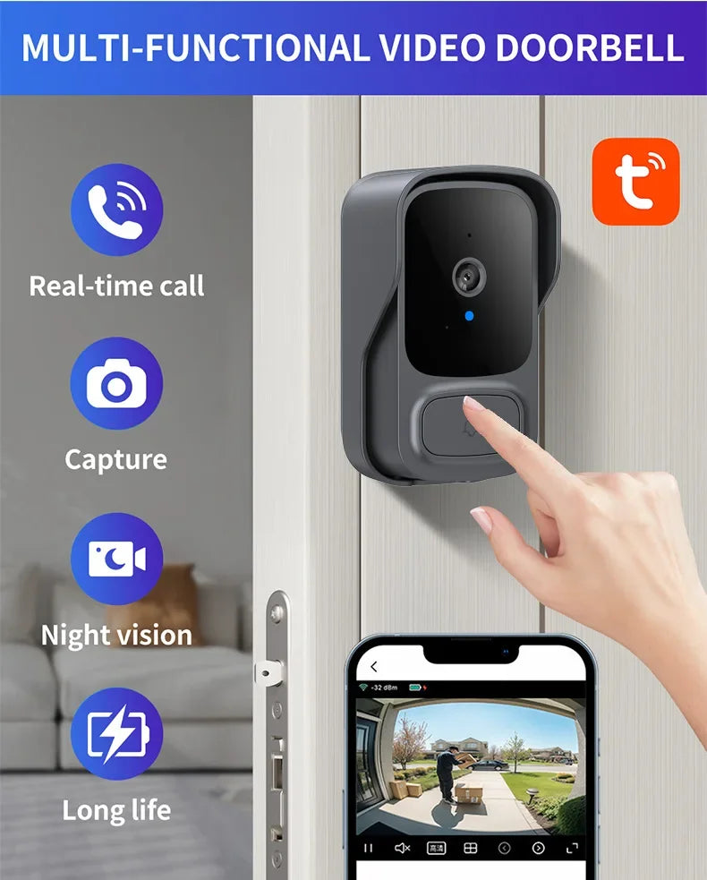 Grey wireless video doorbell with HD night vision and smartphone app connectivity shown on a door.