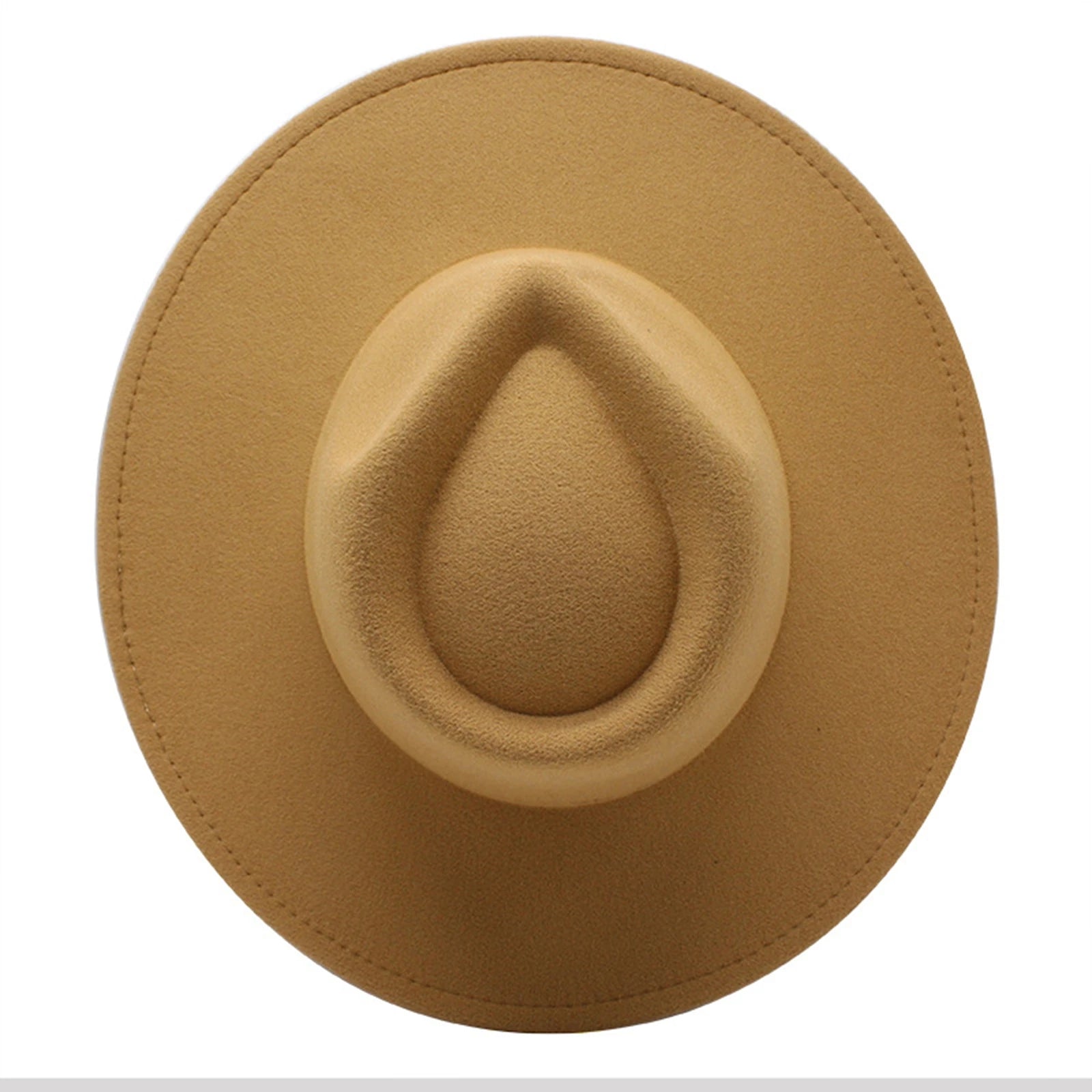 Top-down view of a camel-coloured felt fedora hat with a wide brim and teardrop-shaped crown.