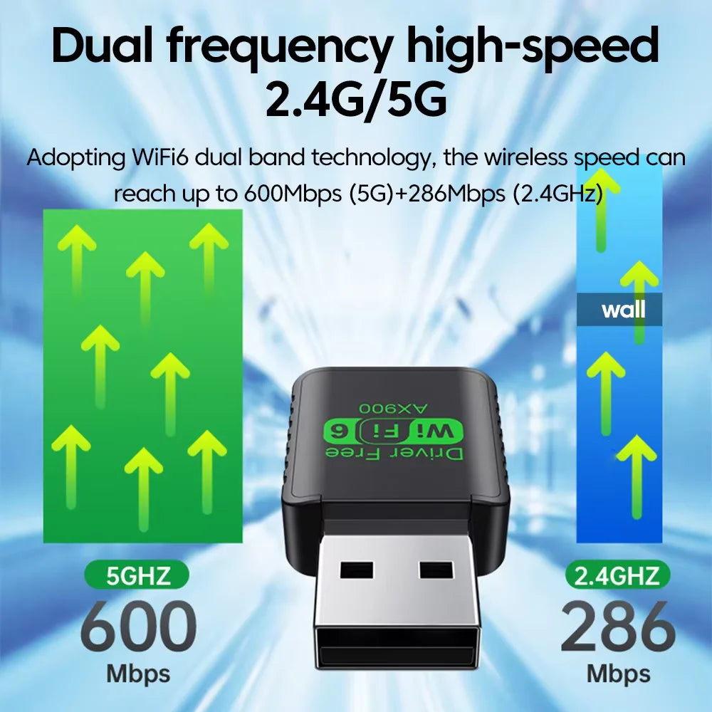 Small black WiFi 6 USB adapter featuring dual-band signal performance for high-speed connectivity.