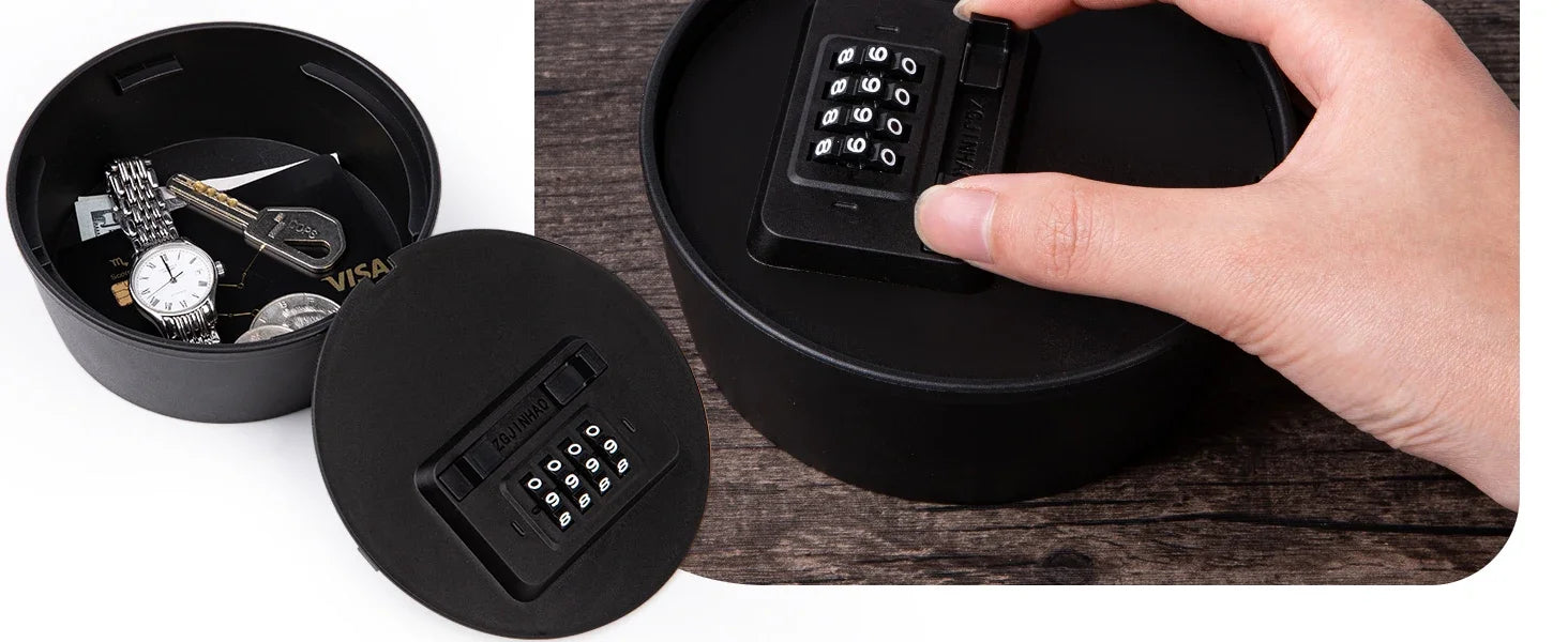 Black circular plastic lock box with a four-digit combination lock lid, containing a watch, coins, and keys.